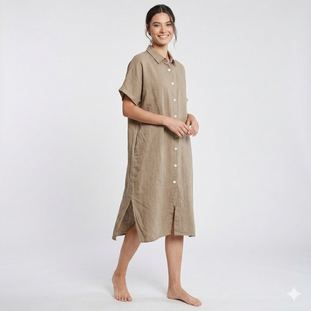 FILOSOFIA Women Tan 100% Linen Short Sleeve Button Down Shirt Dress Large USA